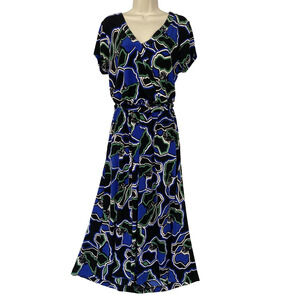 Chicos Travelers Dress Size 1 Blue Black Floral Maxi Faux Wrap Flowy 8/10 M